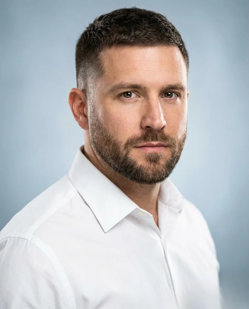 Man with butch cut and corporate beard in executive portrait style