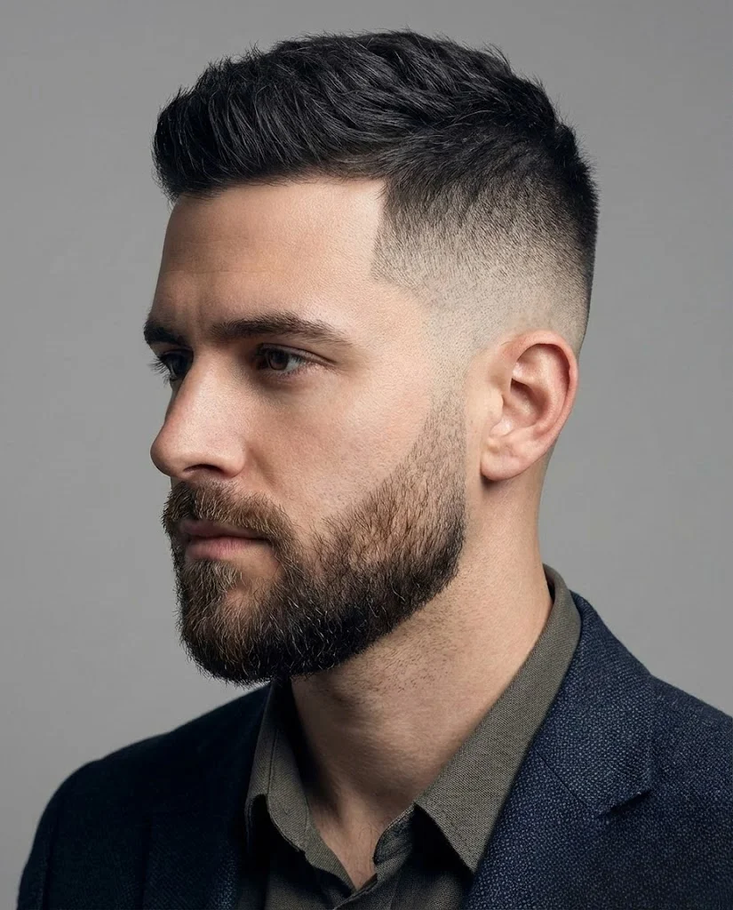 Man with high fade buzz cut and tight beard showing seamless transition