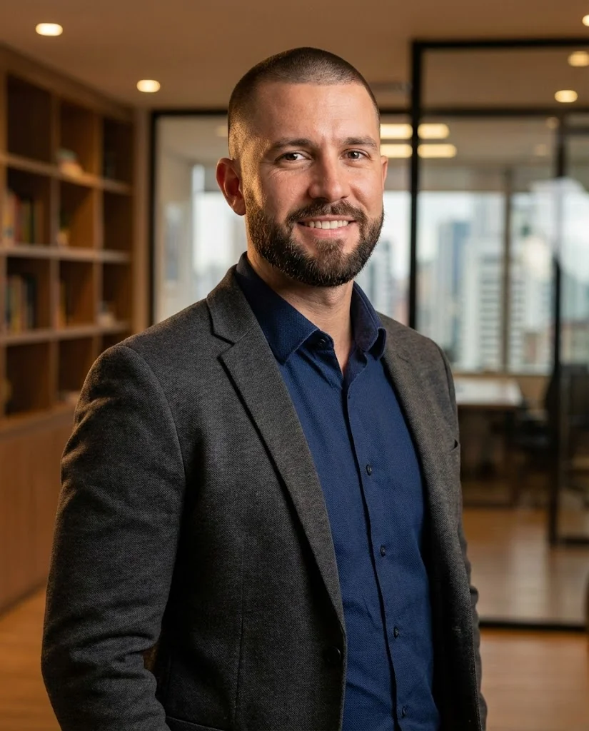 Man with classic buzz cut and short boxed beard with sharp edges