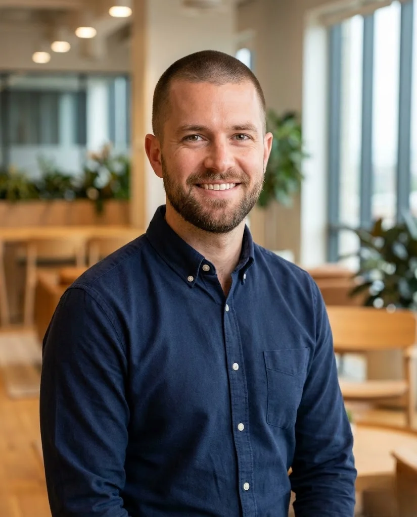 Man with buzz cut and short professional beard in business casual setting