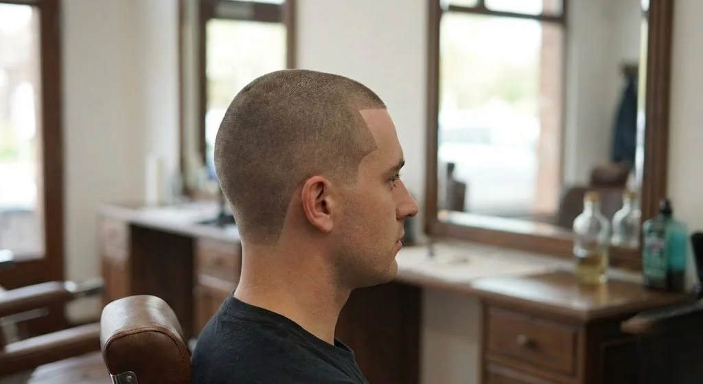Man with induction buzz cut and razor-sharp line-up in barbershop