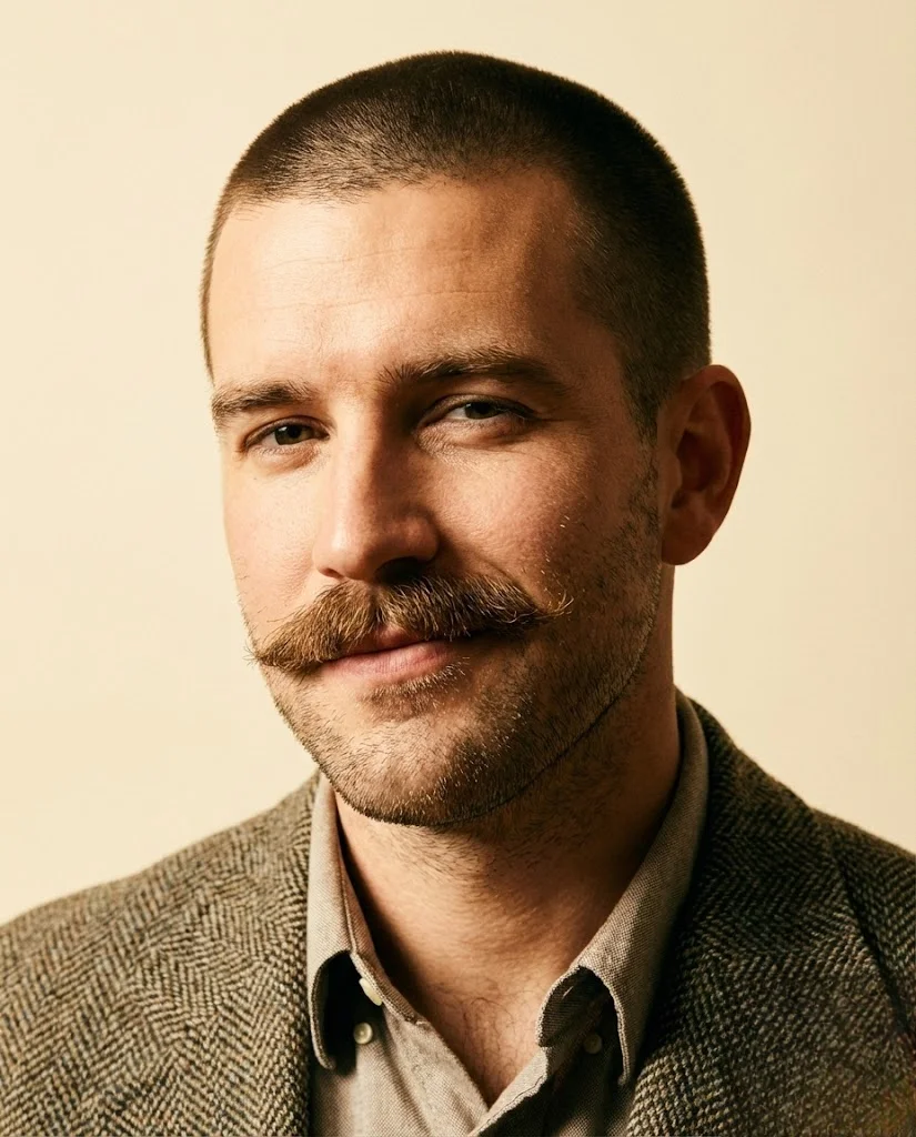 Man with buzz cut and beardstache featuring prominent mustache with light stubble