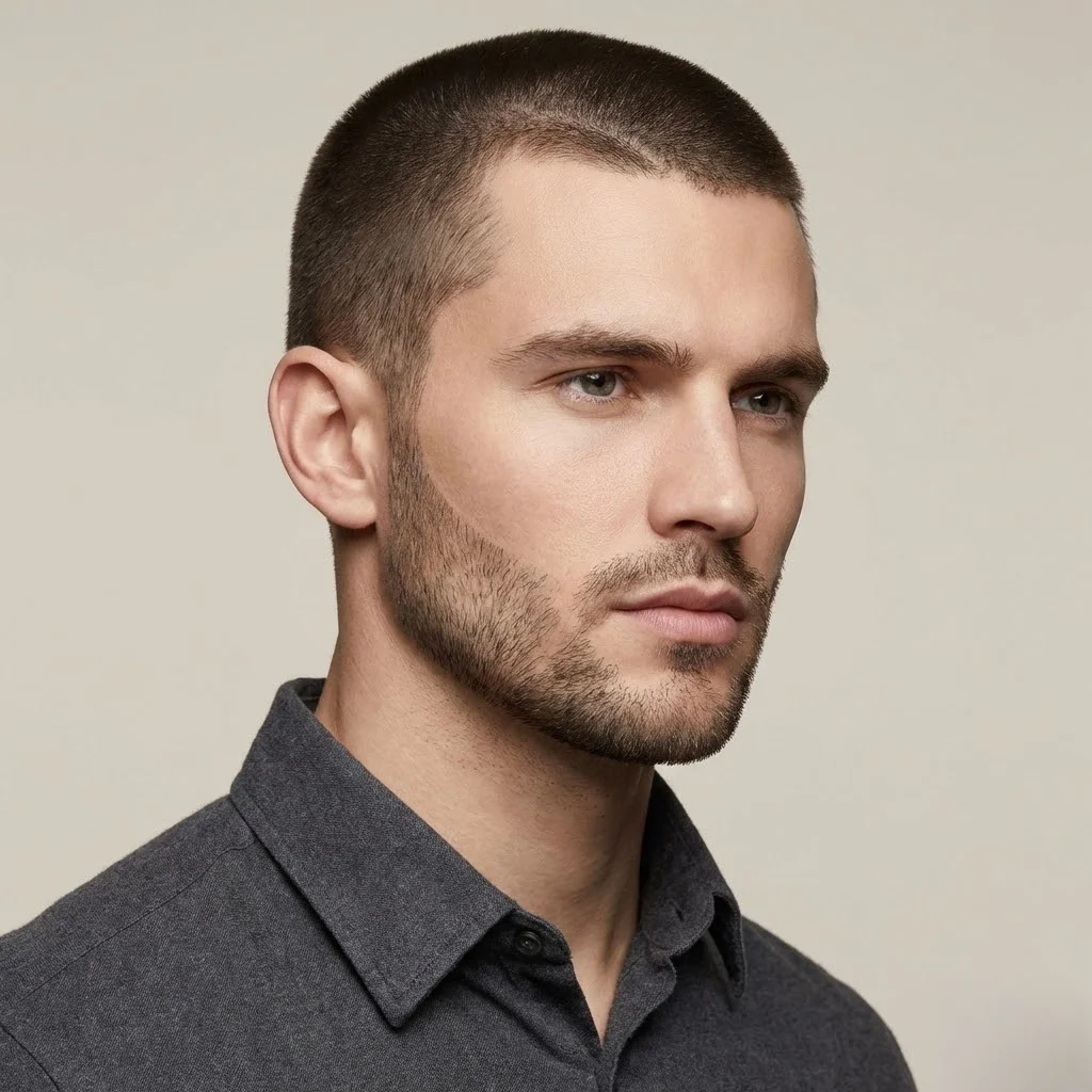 Man with burr cut and designer stubble featuring sharp cheek lines