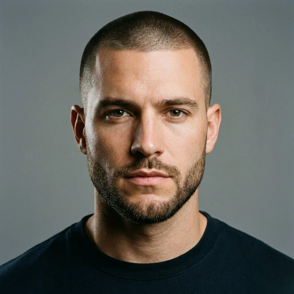 Man with buzz cut and chinstrap beard following jawline with clean cheeks