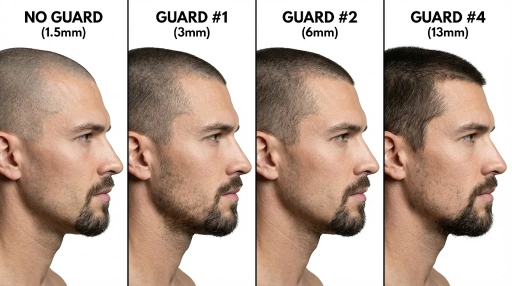 Clipper guard length comparison showing different buzz cut lengths from 1.5mm to 13mm