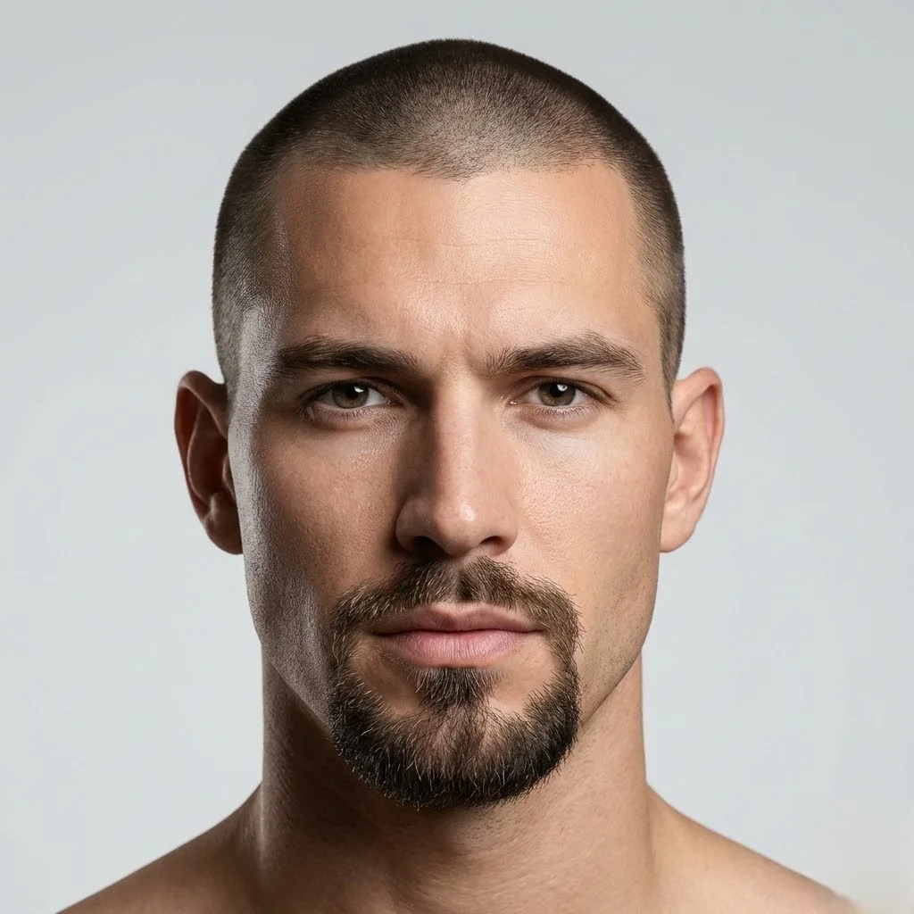 Man with buzz cut and well-defined goatee with crisp precise edges