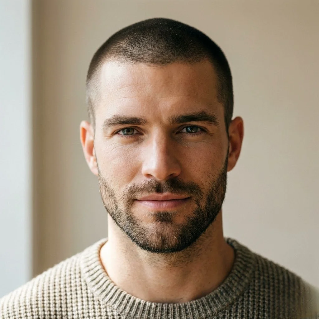 Man with classic 6mm buzz cut and heavy stubble with clean neckline