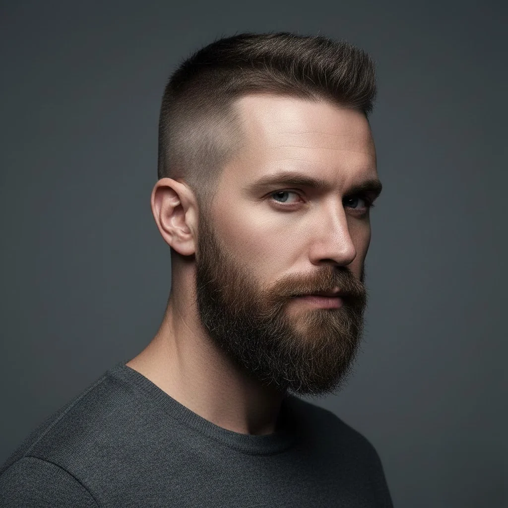 Man with high and tight buzz cut and faded beard with seamless sideburn blend