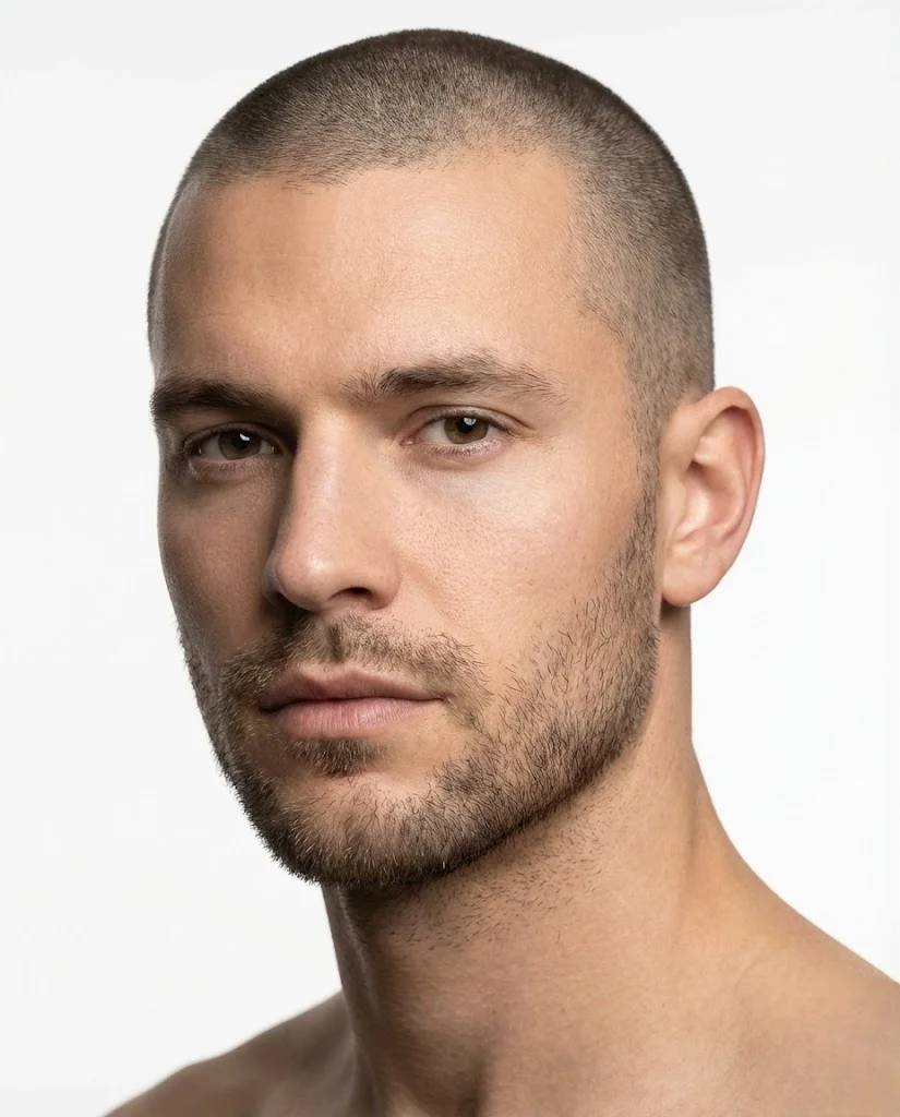 Man with induction buzz cut and clean stubble showing strong jawline