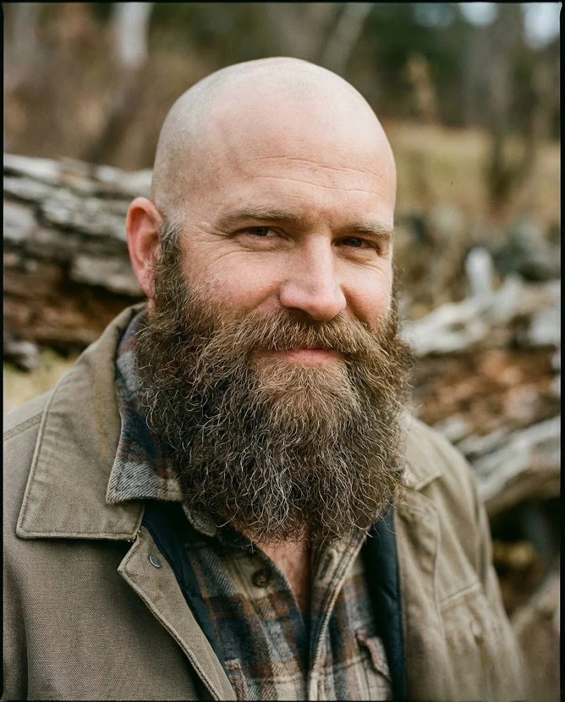 Man with induction cut and large lumberjack beard showing maximum contrast