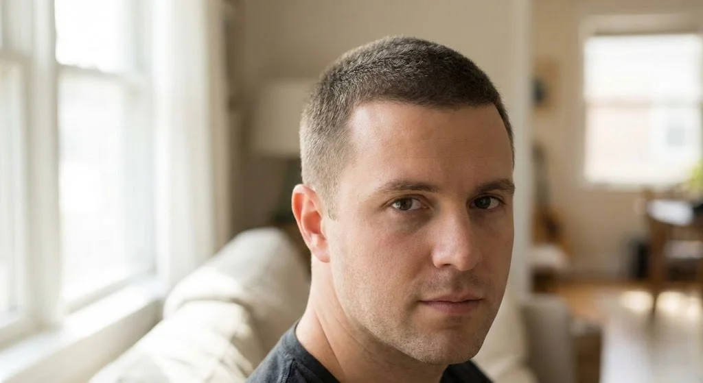 Man with buzz cut and curved natural line-up with soft rounded edges