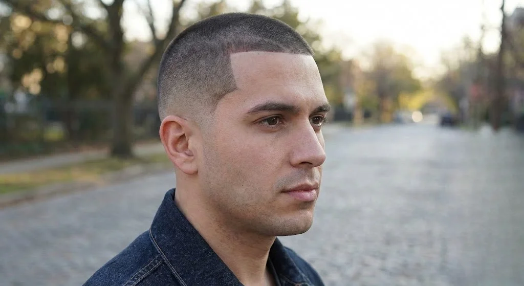 Man with short buzz cut and high arc line-up at temples