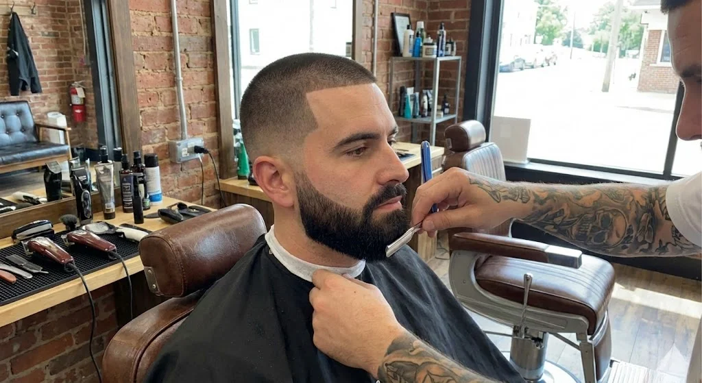 Man with buzz cut crisp line-up and full groomed beard