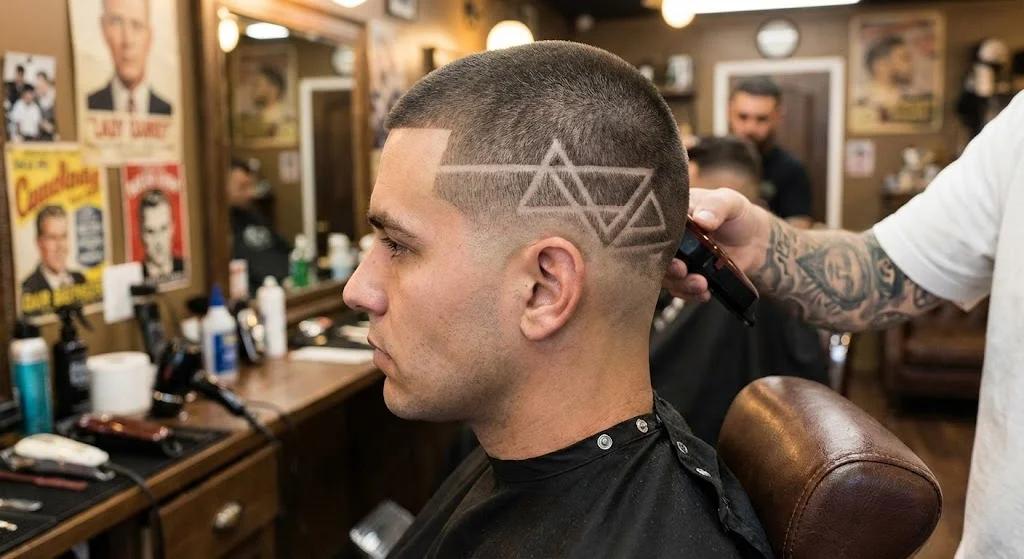 Man with buzz cut line-up and shaved line design in fade