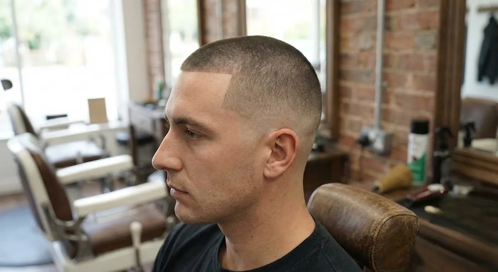 Man with buzz cut line-up and low fade starting above ears
