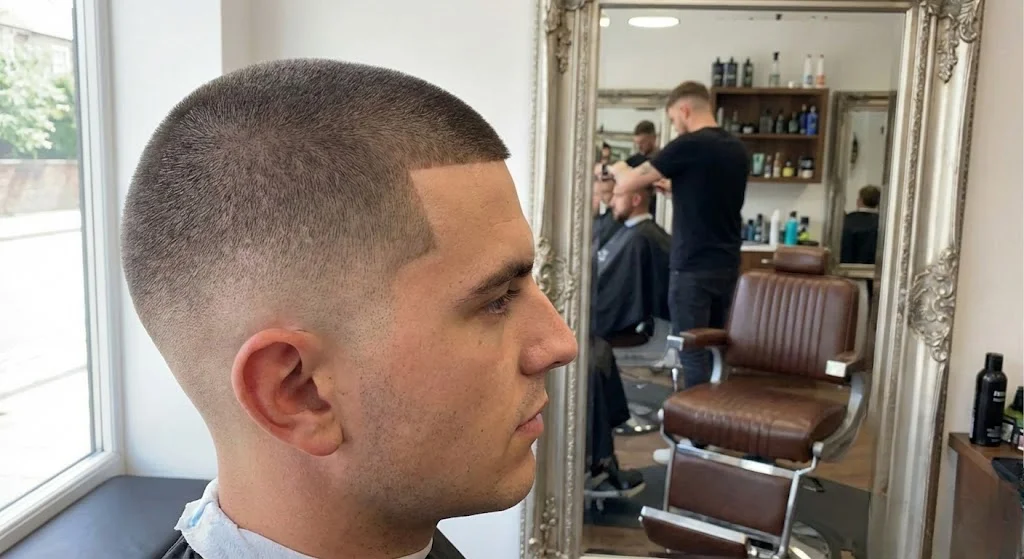 Man with buzz cut line-up and mid fade at temple height