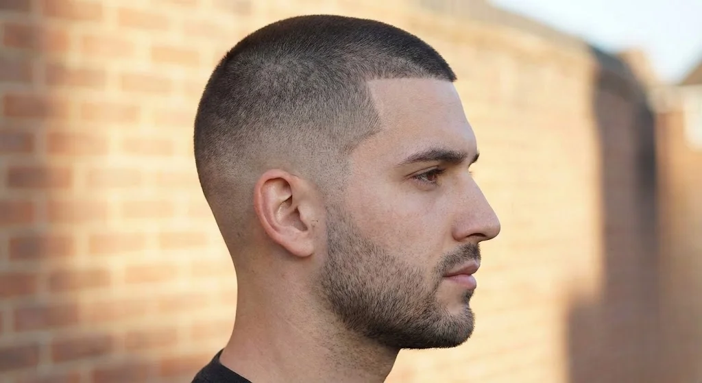 Man with buzz cut and line-up connecting to stubble beard