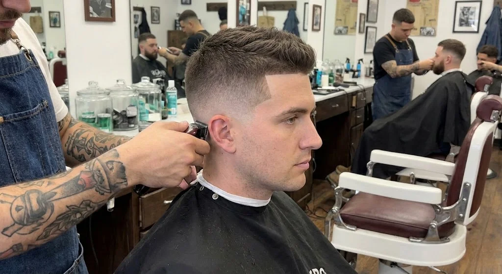 Man with number 3 buzz cut and temple fade line-up for professional look