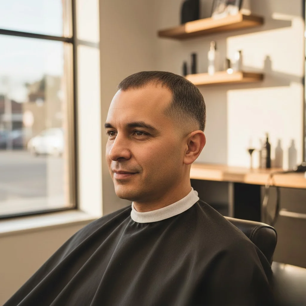 Burr cut on man with M-shaped receding hairline showing uniform medium length
