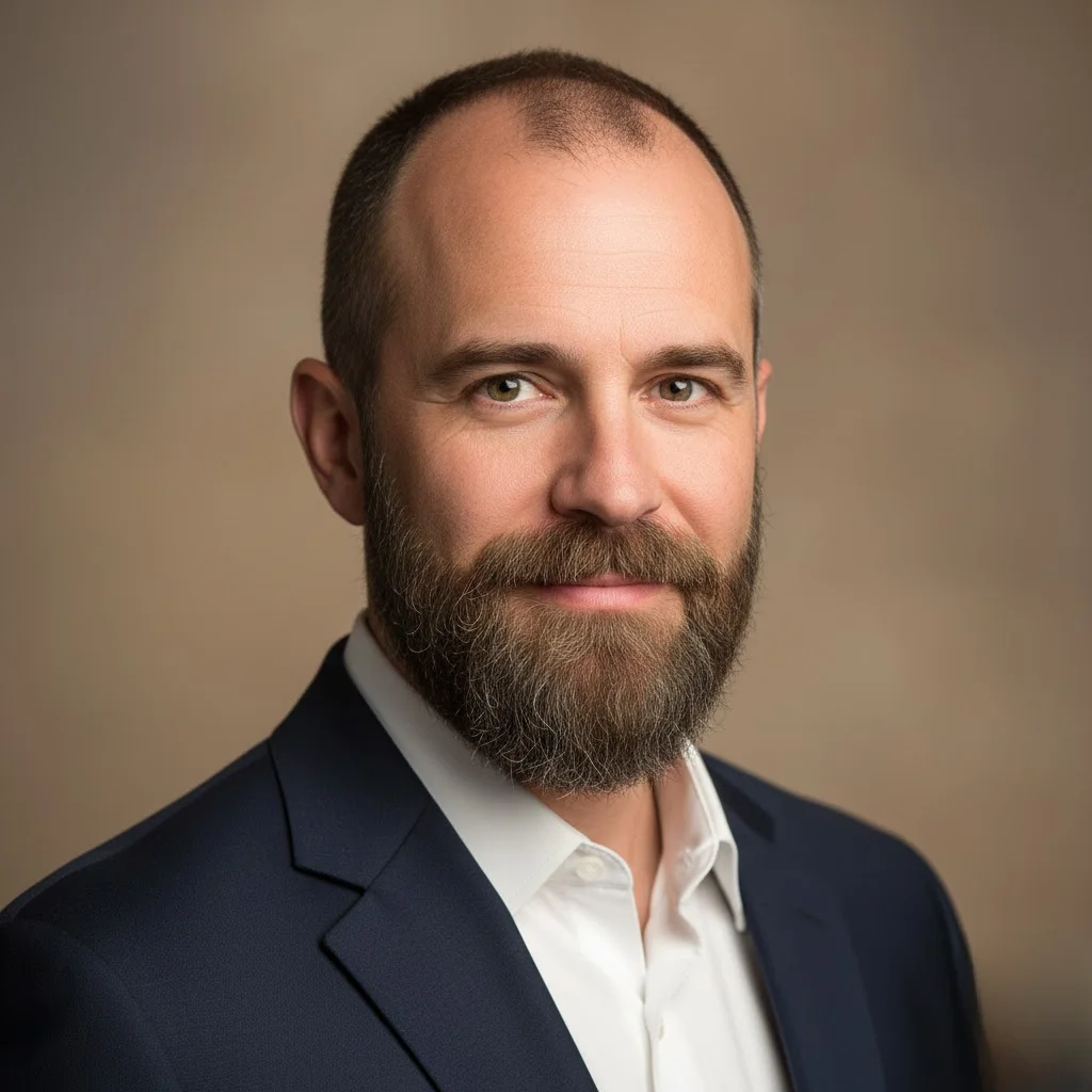 Buzz cut paired with full beard on man with receding hairline