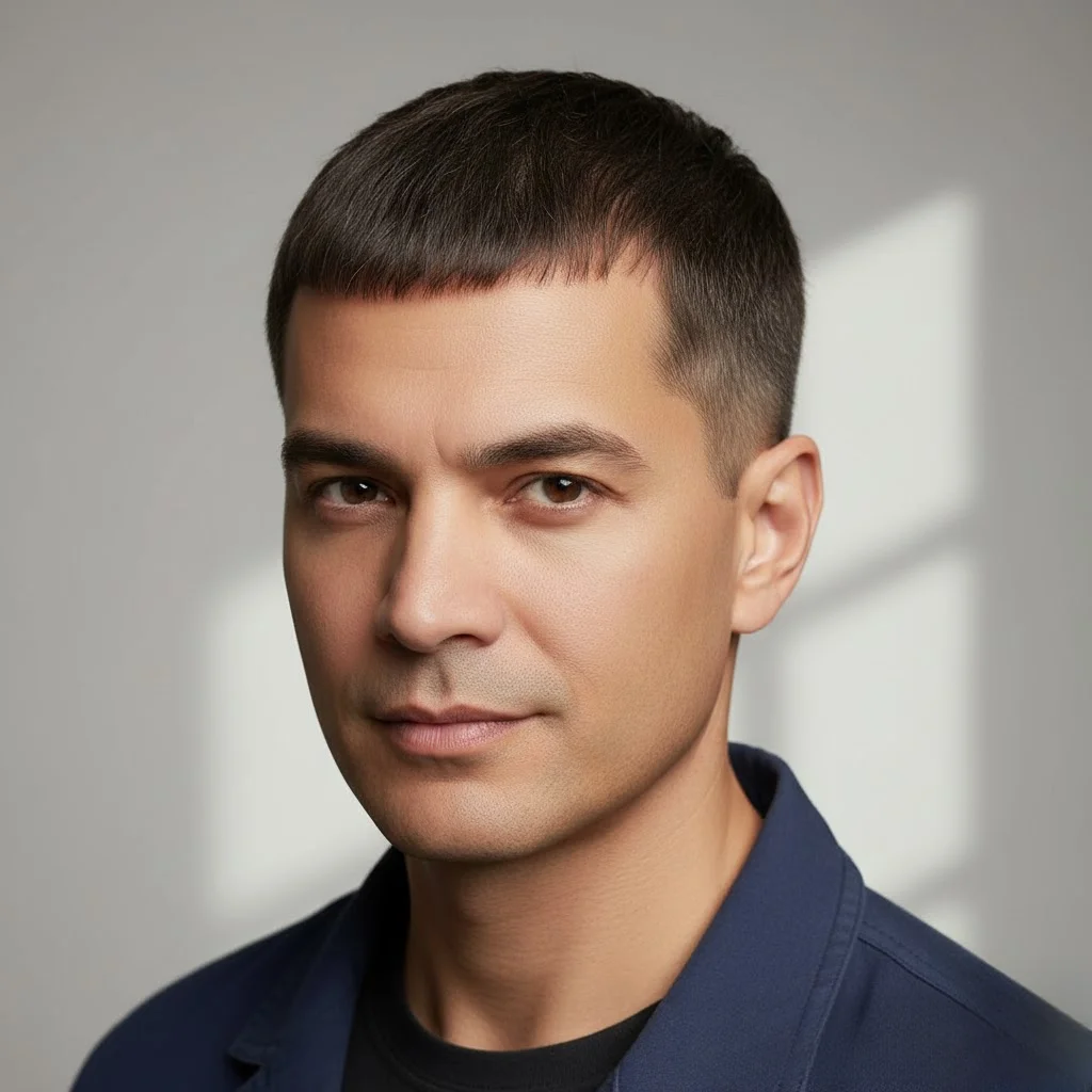 Caesar cut on man with receding hairline showing short forward fringe