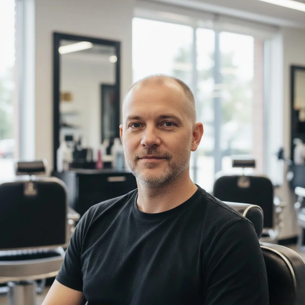 Man with classic buzz cut and receding hairline in modern barbershop