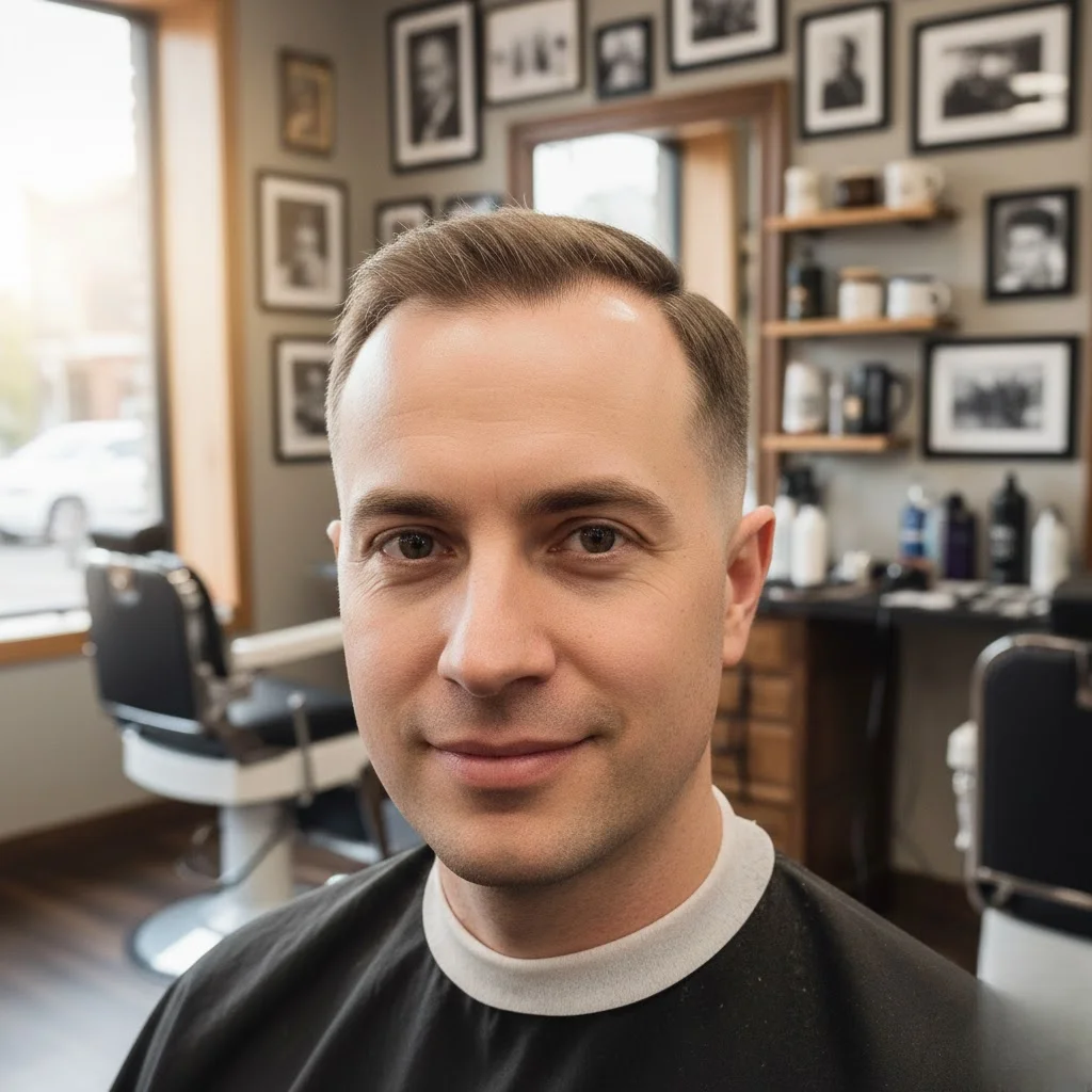 Crew cut on man with receding hairline showing longer styled top with faded sides