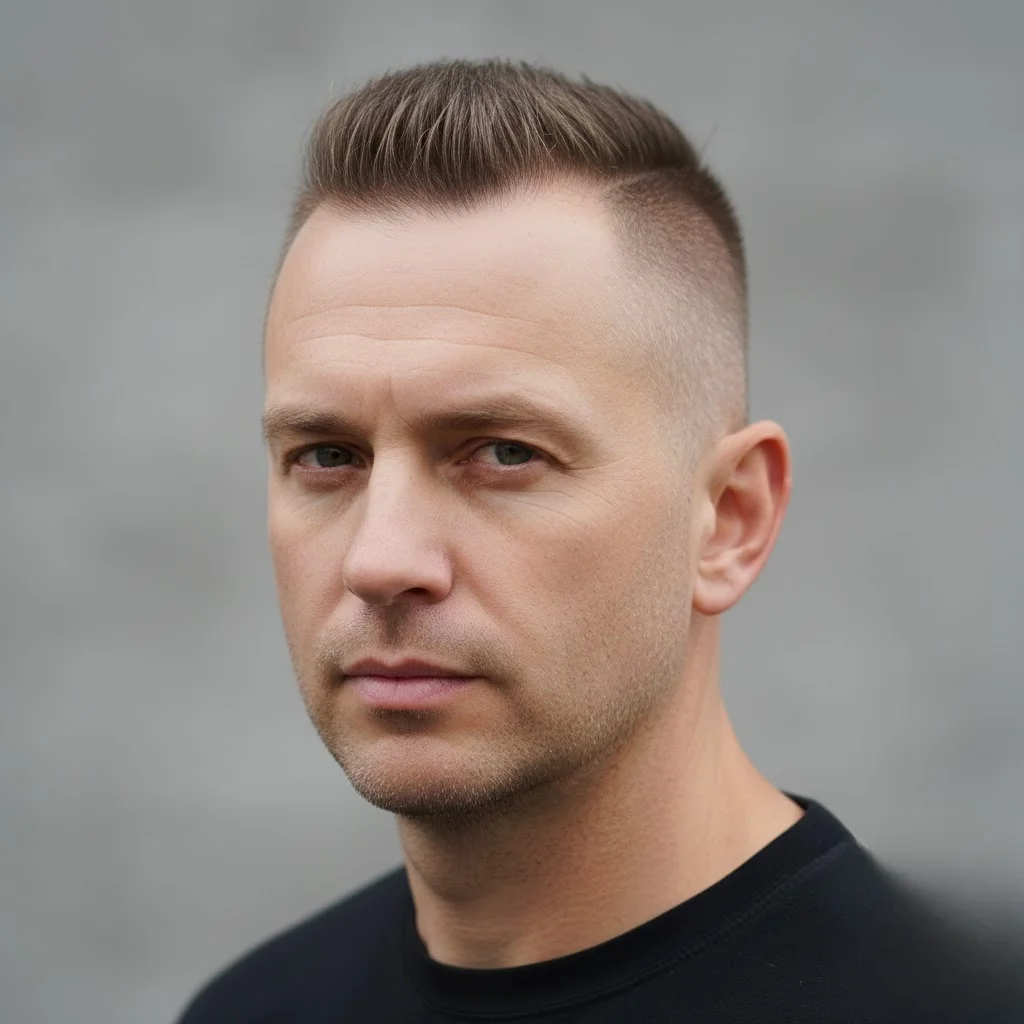High and tight buzz cut on man with receding hairline showing contrast between top and sides