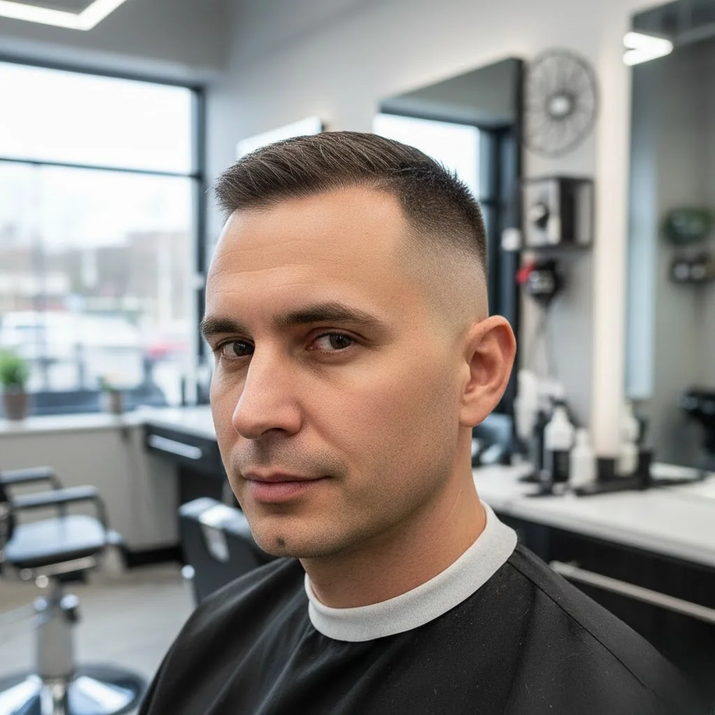 High fade buzz cut on man with receding hairline showing dramatic upper fade