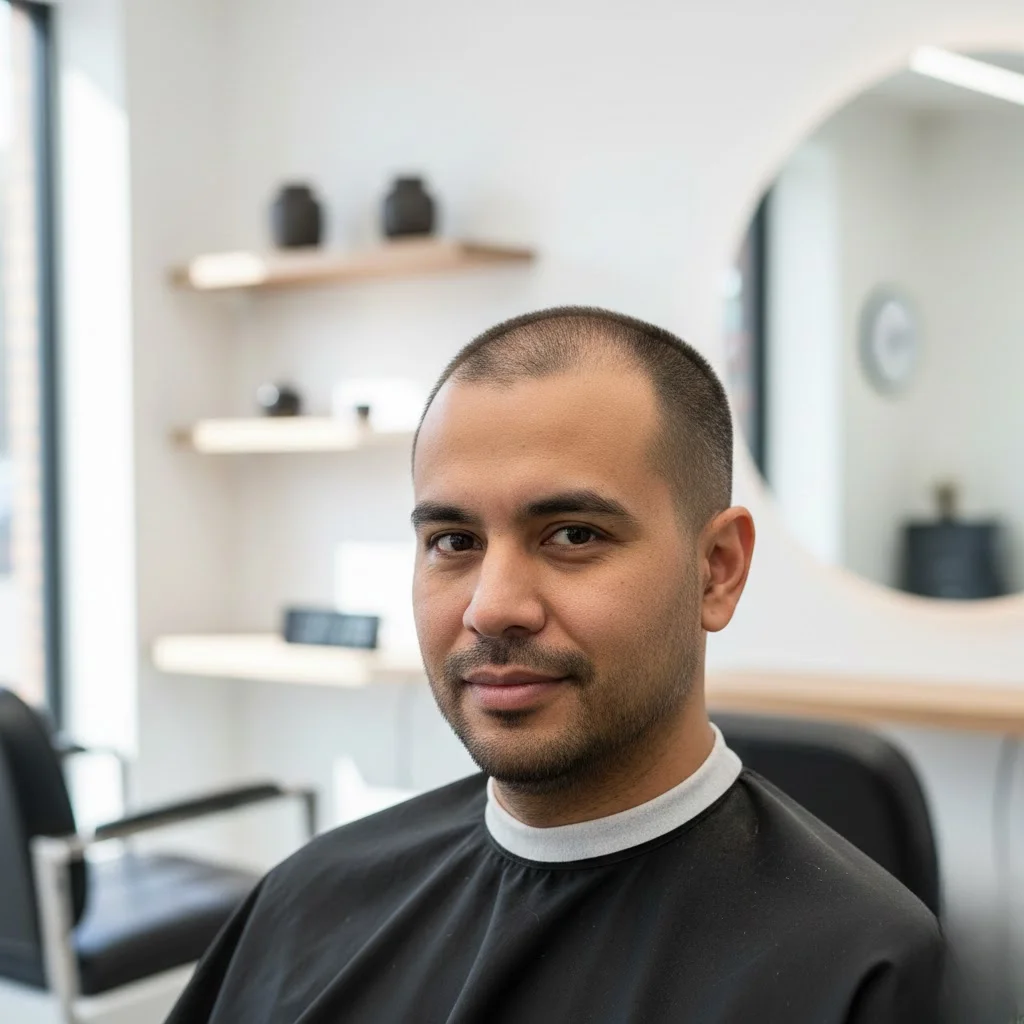 Induction buzz cut on man with receding hairline showing even stubble length