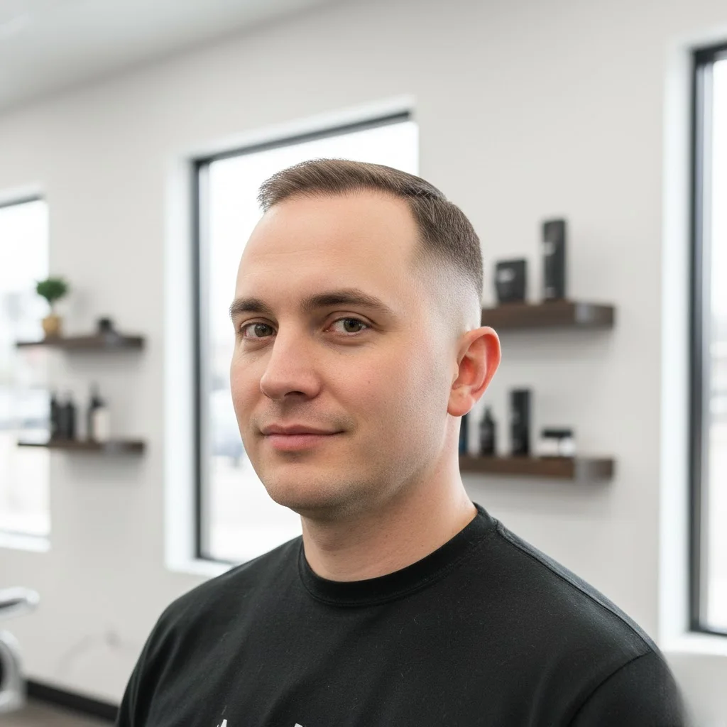 Low fade buzz cut on man with widow's peak showing subtle side transition