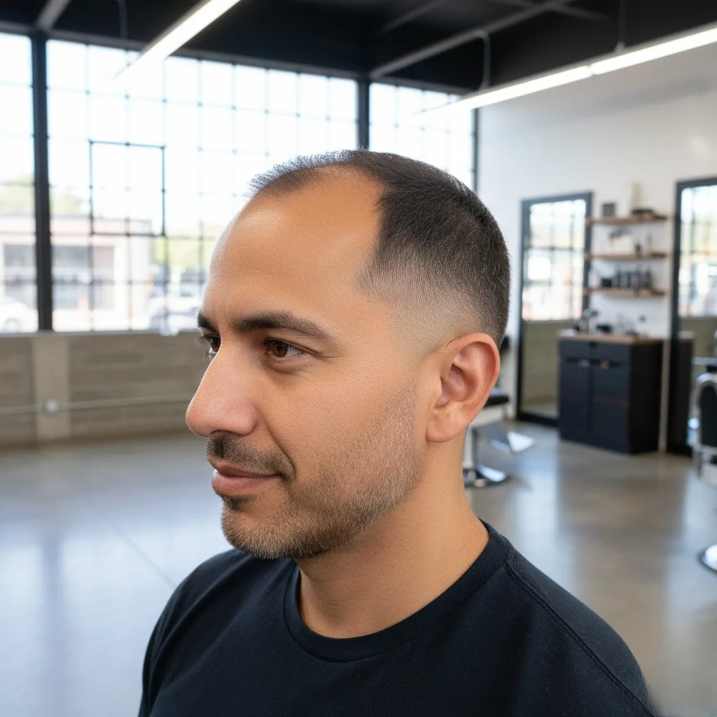 Mid fade buzz cut on man with receding hairline showing temple-level fade