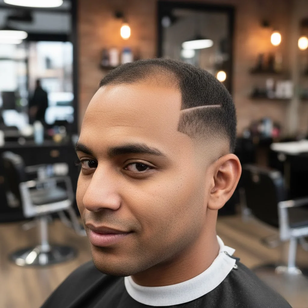 Patterned buzz cut with line design on man with receding hairline