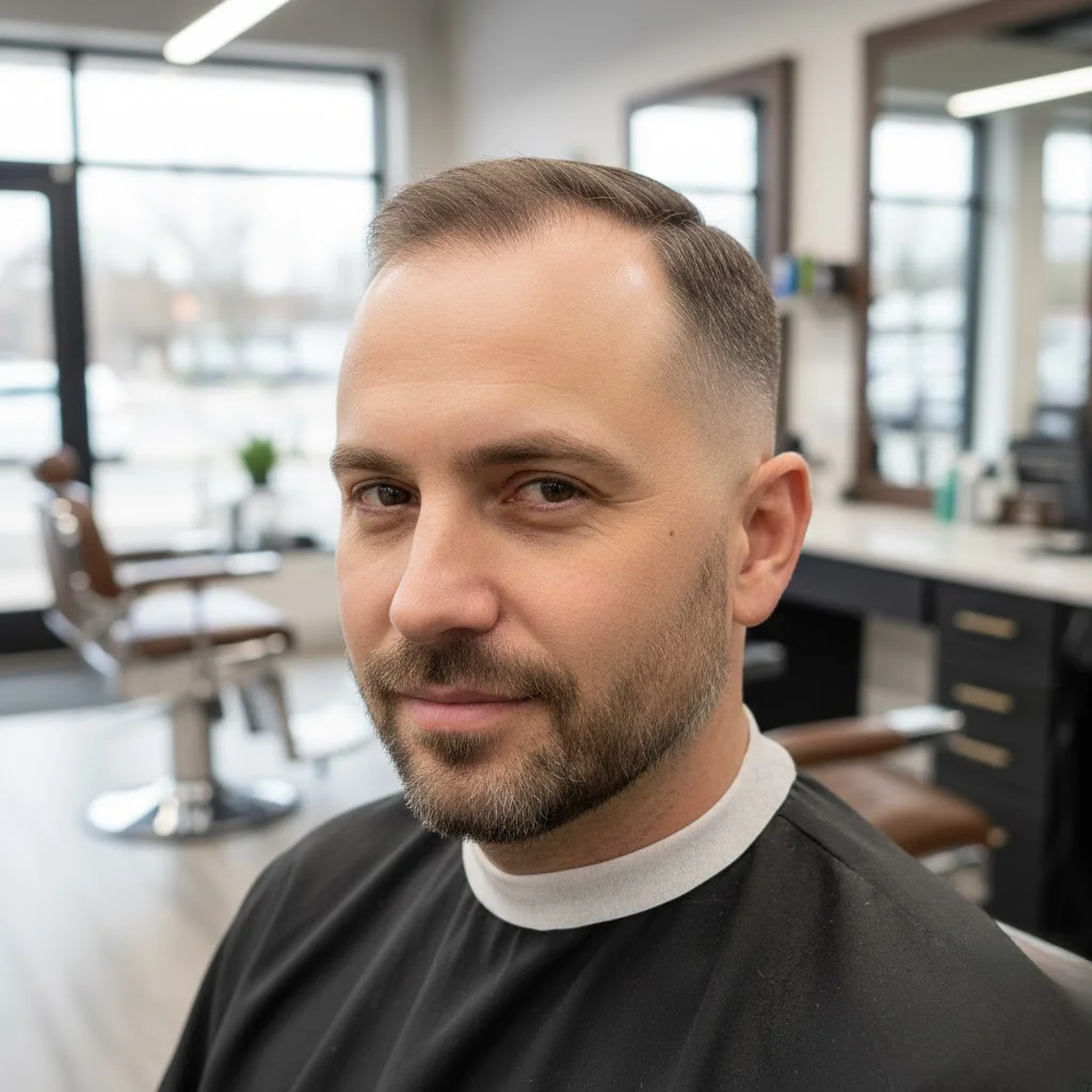 Skin fade buzz cut on man with receding hairline showing gradient from skin to short hair