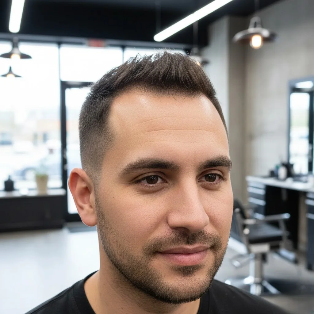 Textured buzz cut on man with receding hairline showing natural movement on top