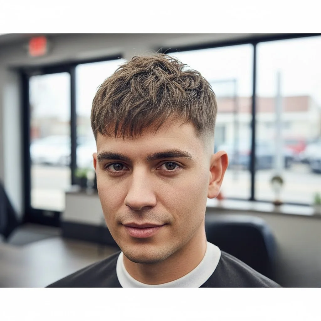 Textured crop on man with receding hairline showing choppy top with clean sides