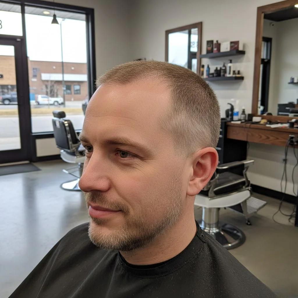 Zero buzz cut on man with receding hairline showing minimal length all over
