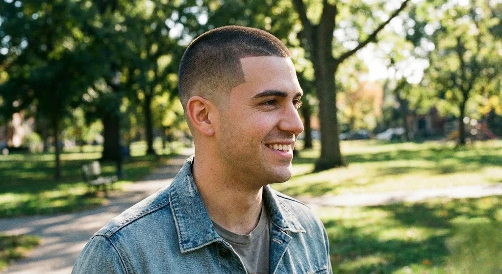 Man with number 2 buzz cut and clean defined line-up