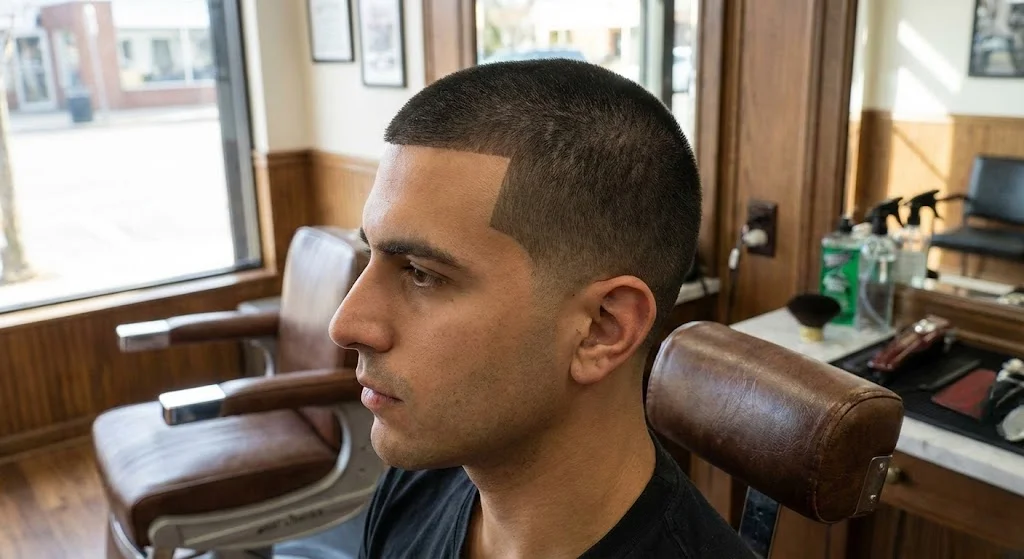 Man with buzz cut and sharp straight line-up showing crisp 90-degree angles at hairline