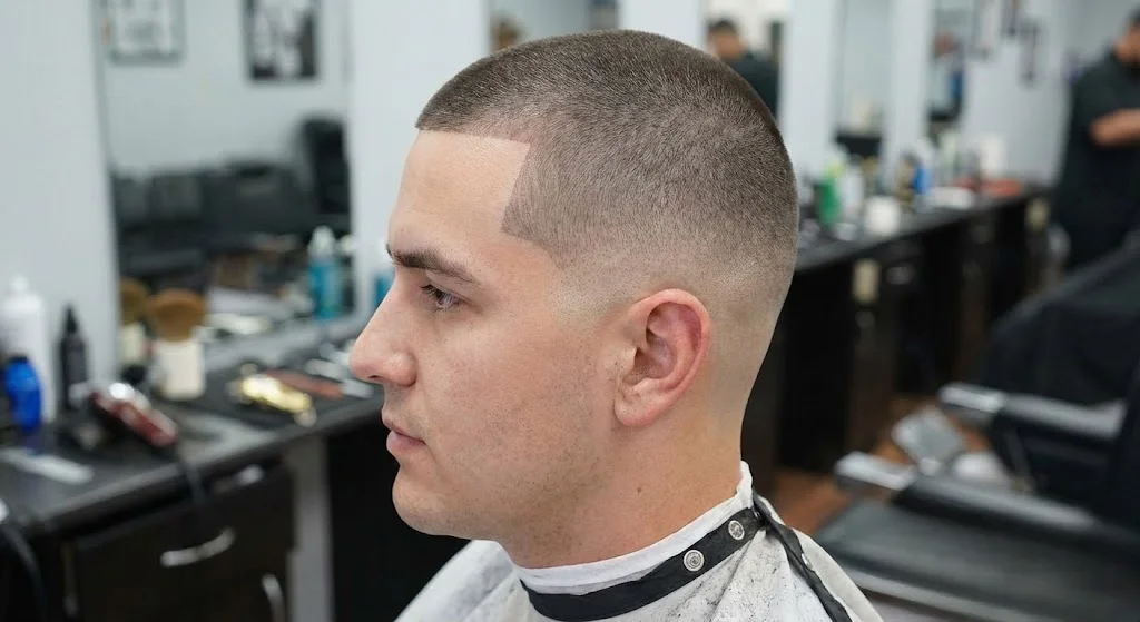 Man with buzz cut and temple fade line-up showing gradual skin fade