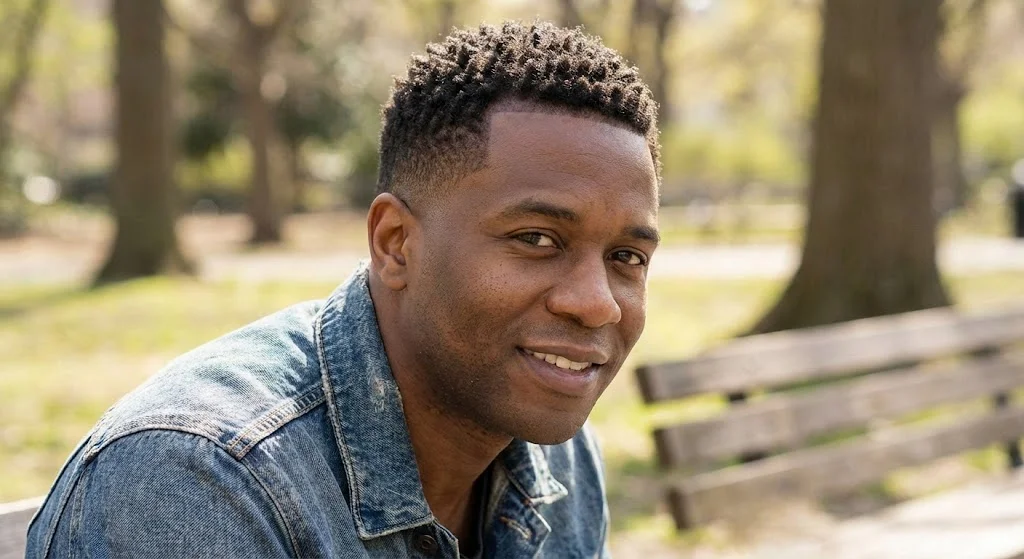 Man with textured buzz cut and soft blend line-up